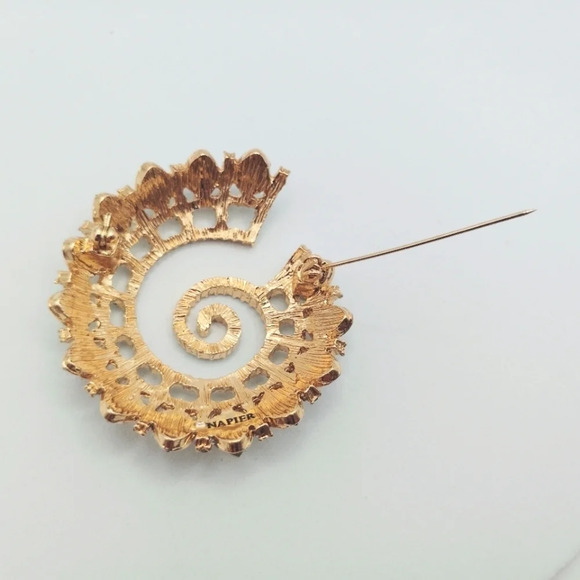 Napier Brooch Mermaid Spiral Goldtone Aqua Crystal Abalone Tone Nautilus - Picture 9 of 11